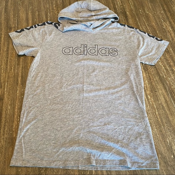 Kid's Adidas Grey Hooded Tee Shirt, Large (14/16)